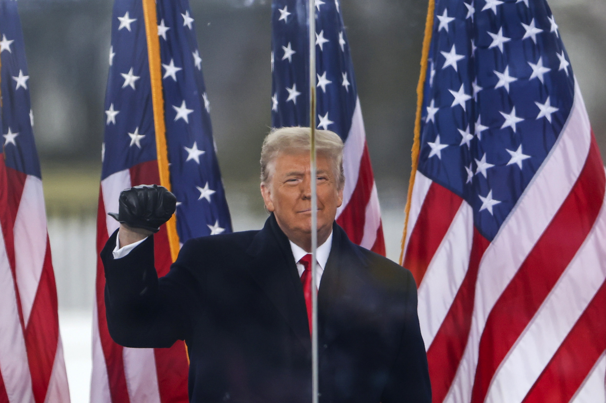 Donald Trump standing with his fist raised, backed by American flags.