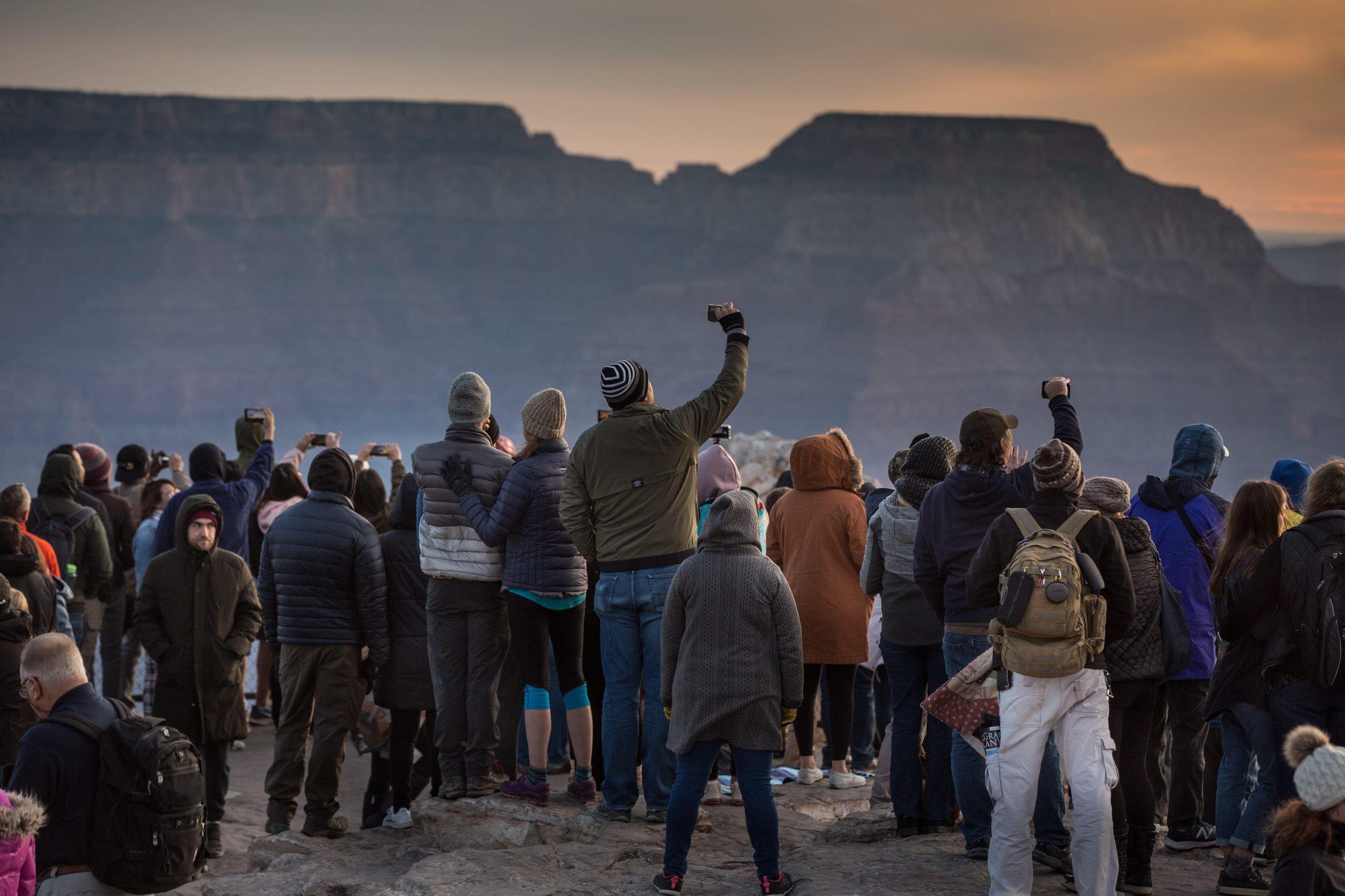 A crowd of visitors at Grand Canyon National Park in Arizona.