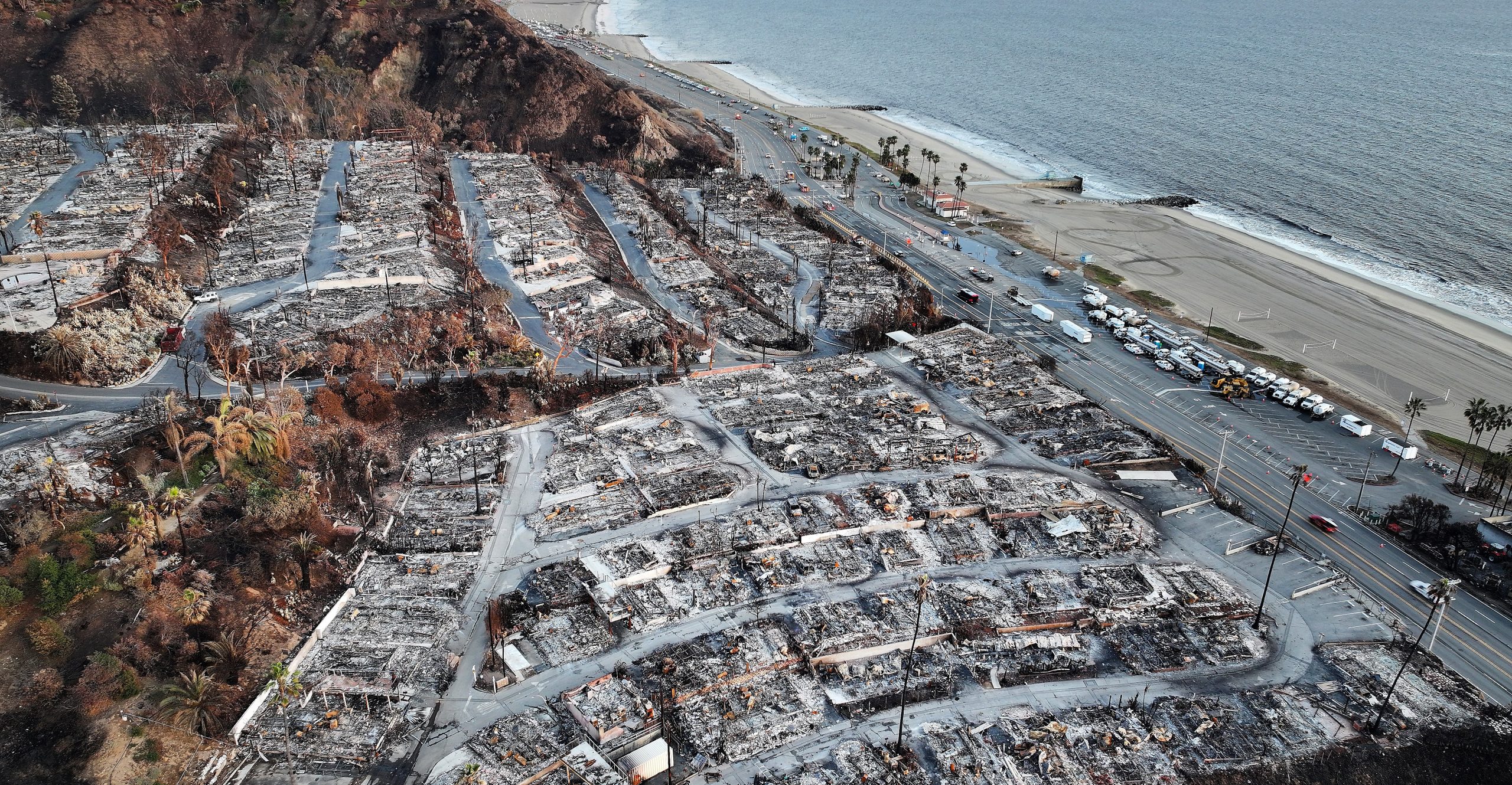 An aerial view of homes destroyed in the Palisades Fire An aerial view of homes destroyed in the Palisades Fire