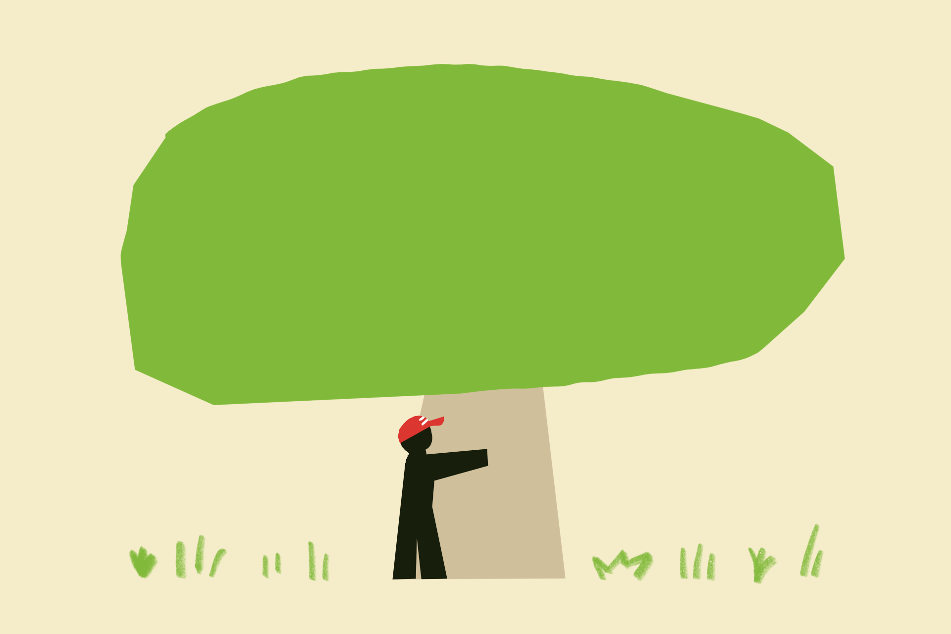 An animated illustration of a small man wearing a red MAGA hat hugging a giant green tree