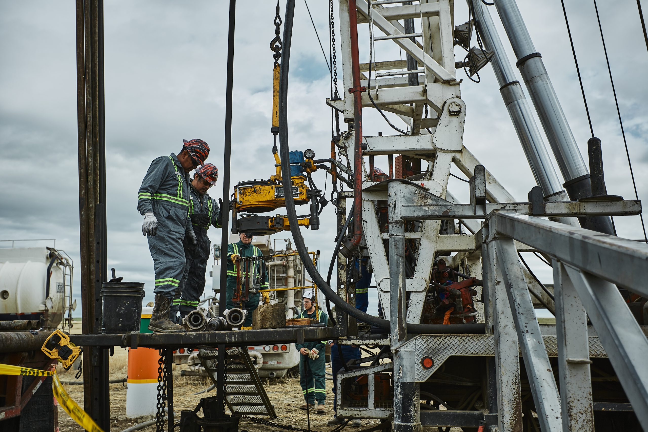 A drilling rig operates while plugging an abandoned oil well, on June 10, 2021, in rural Toole County, north of Shelby, Montana.