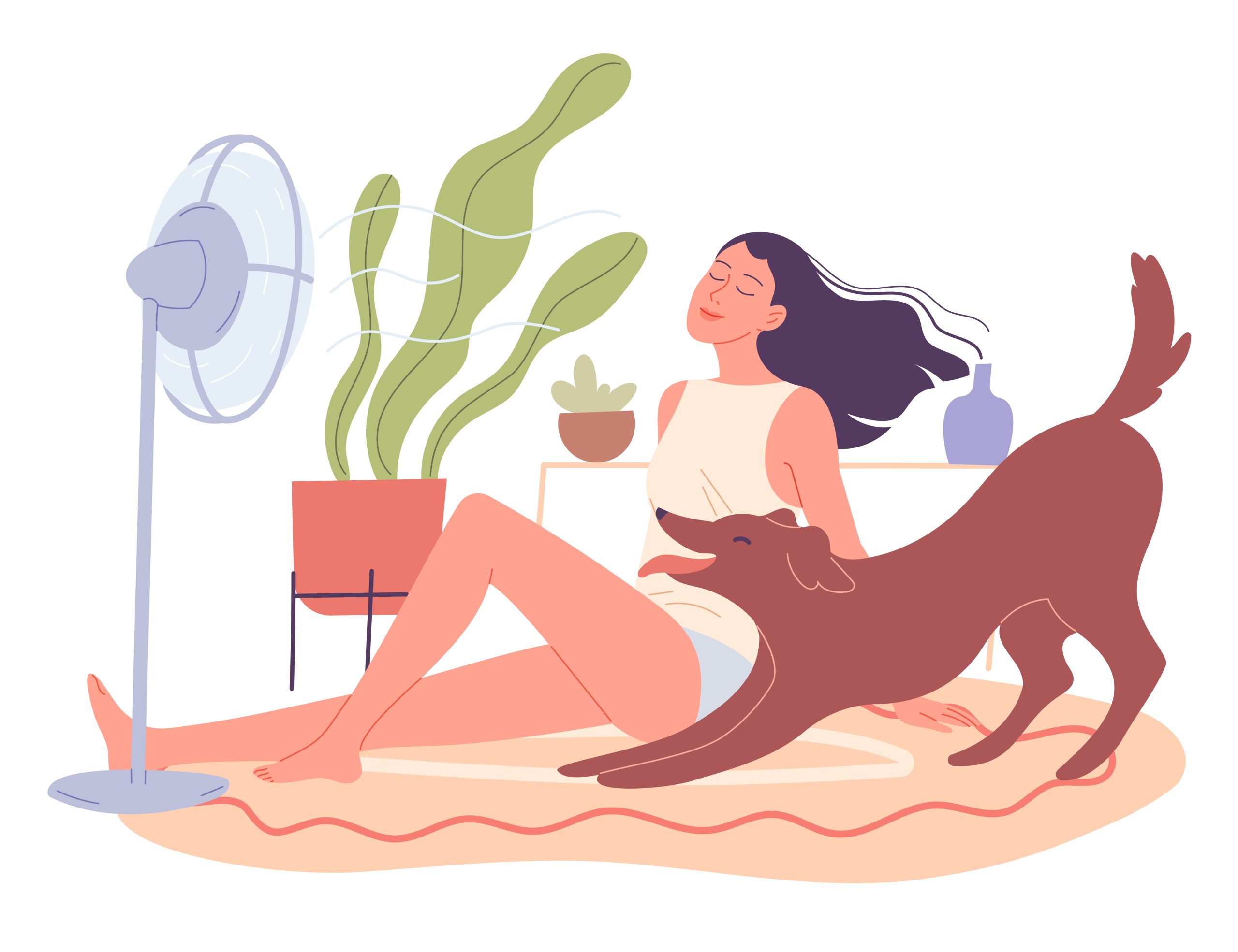 An illustration of a woman and her dog sitting happily in front of a fan. She sits on the floor next to a table and plants.