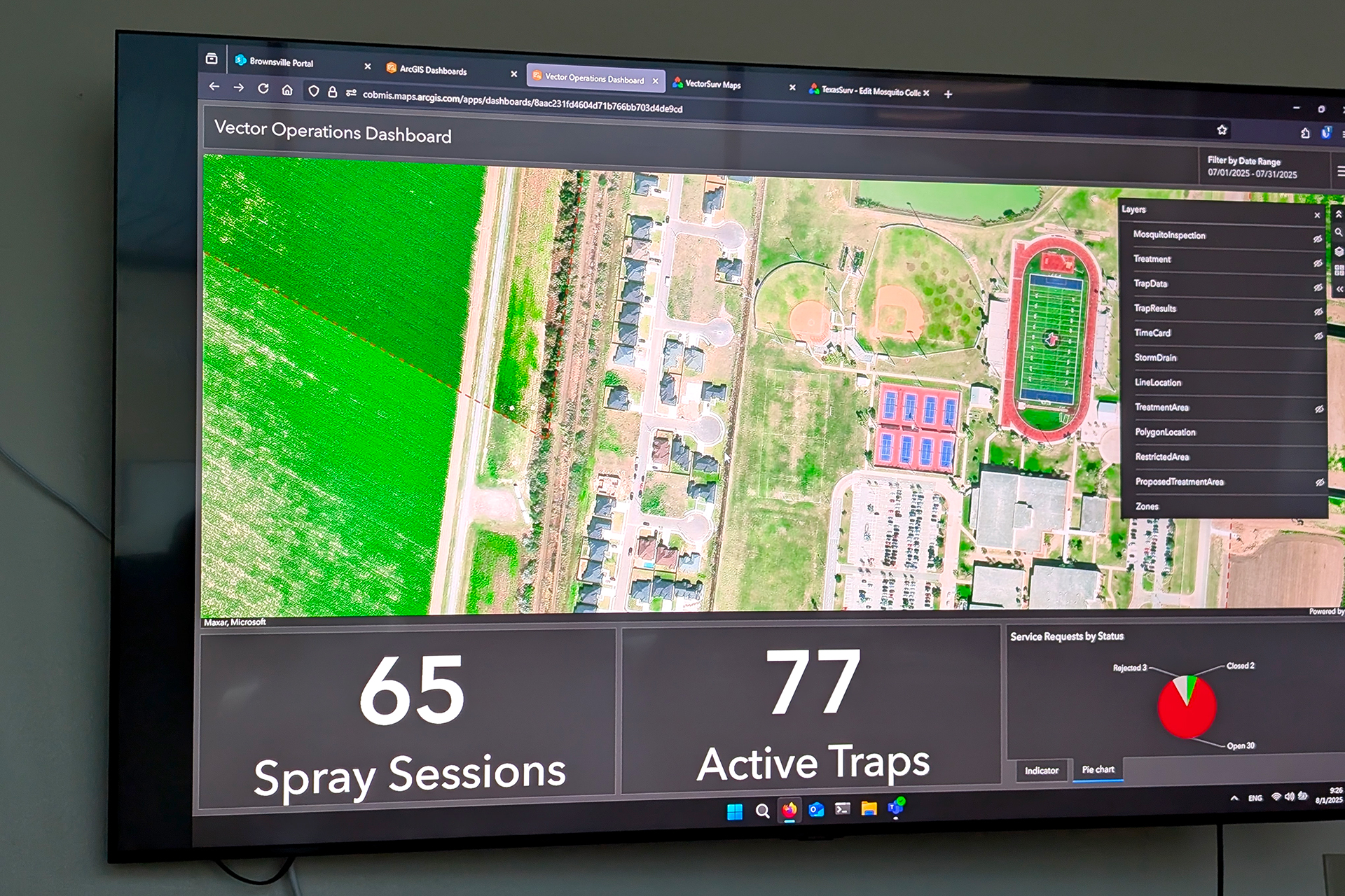 Image of a vector operations dashboard that shows 77 active traps and 65 spray sessions