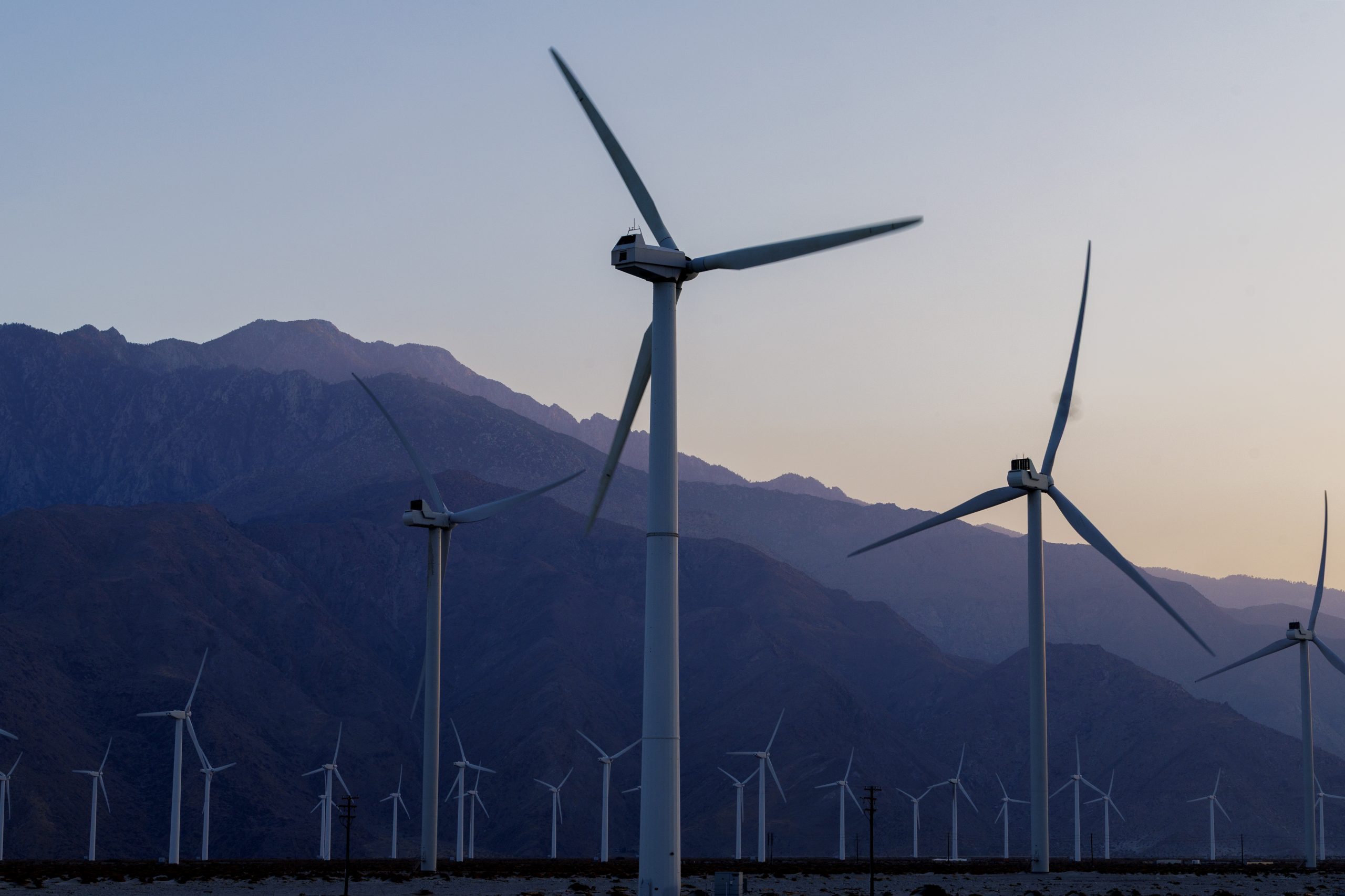 Wind turbines are seen in front of Mount San Jacinto in Palm Springs, California, on June 6, 2025.