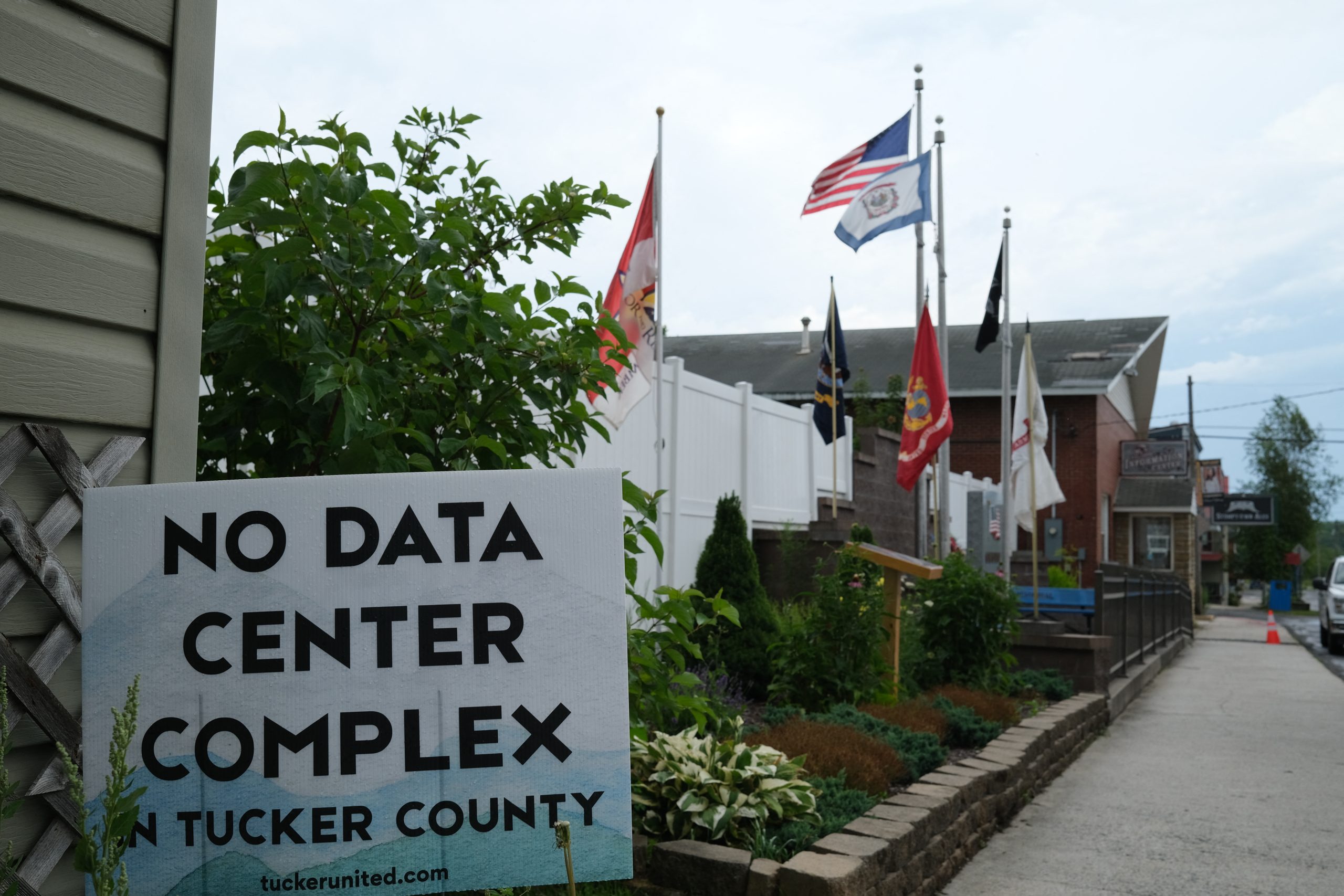 A sign reading “No data center complex in Tucker county” A sign reading “No data center complex in Tucker county”