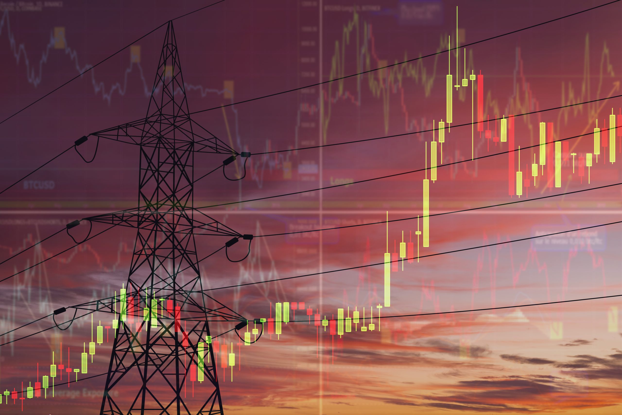A rising chart depicting rising electricity prices contrasts the background image of a transmission line.