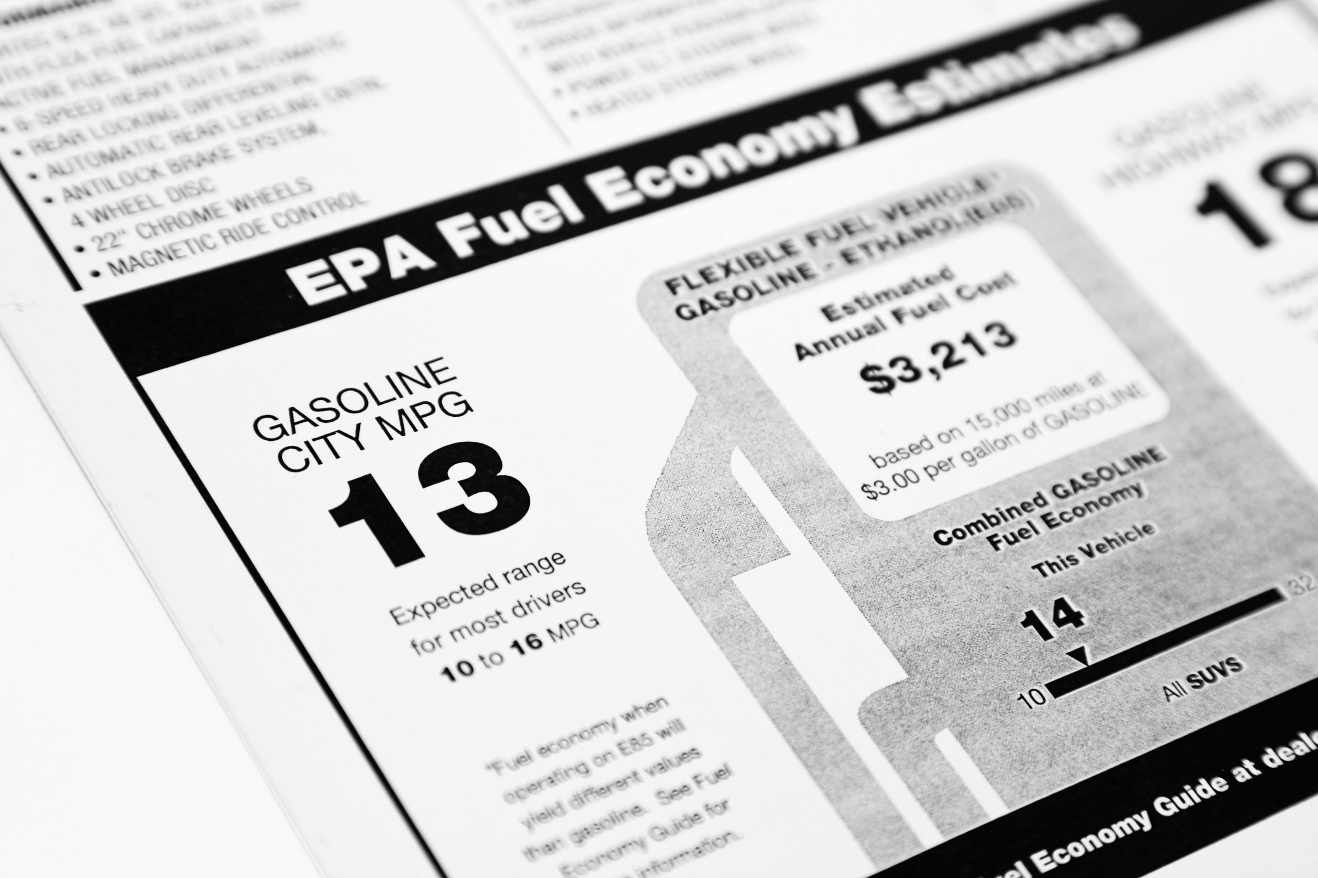 A close-up of the Environmental Protection Agency (EPA) fuel mileage rating of a large SUV.